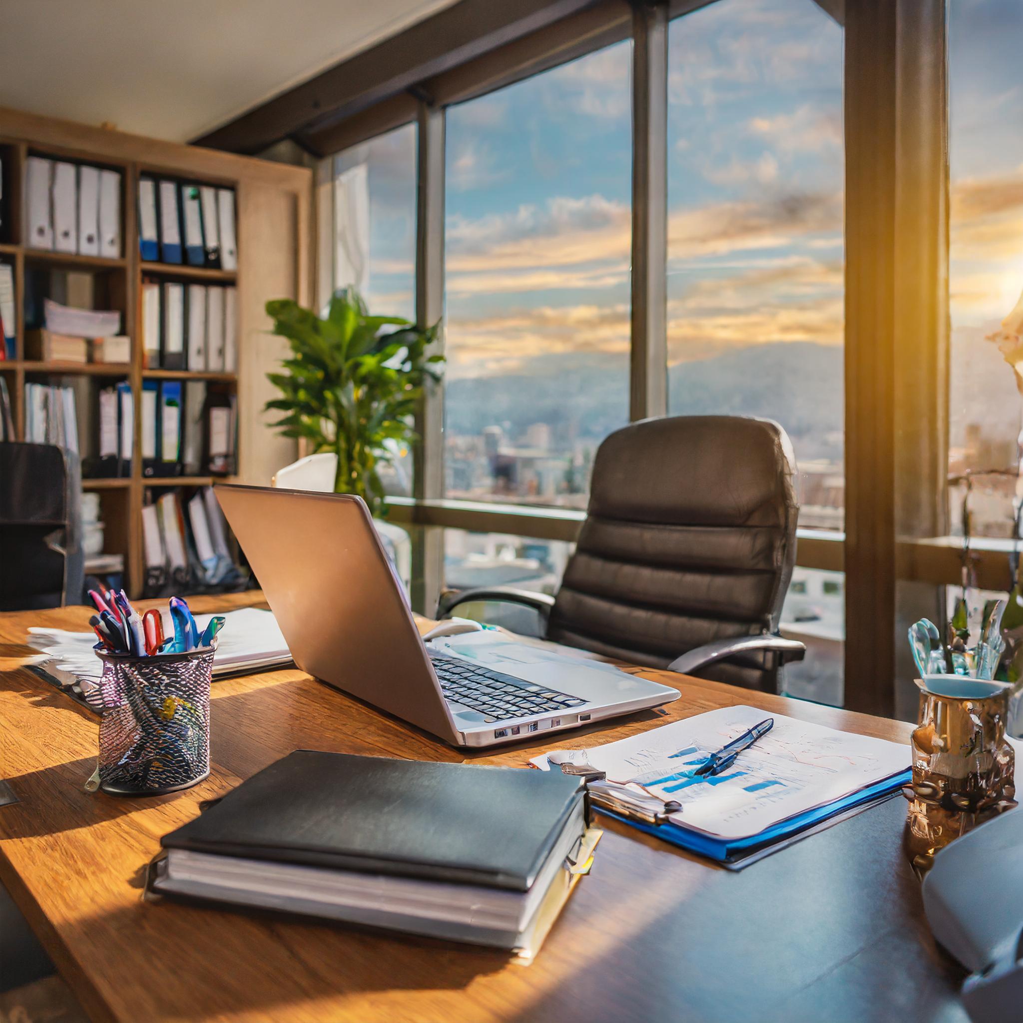 Elegantes Büro der Steuerkanzlei mit Steuerdokumenten und Laptop